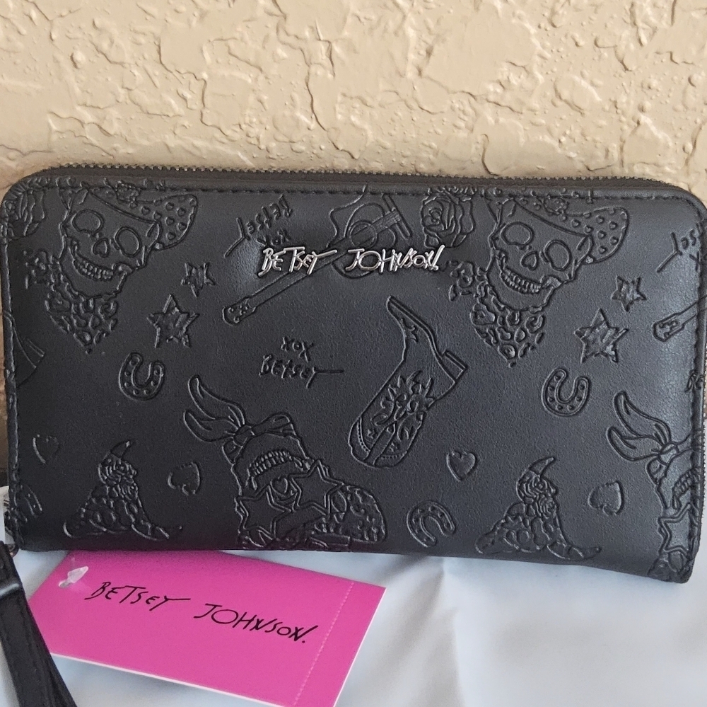 Betsey Johnson Black Embossed COWBOY SKULL Wristlet